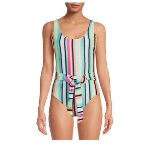 Neon colored striped one piece swimsuit